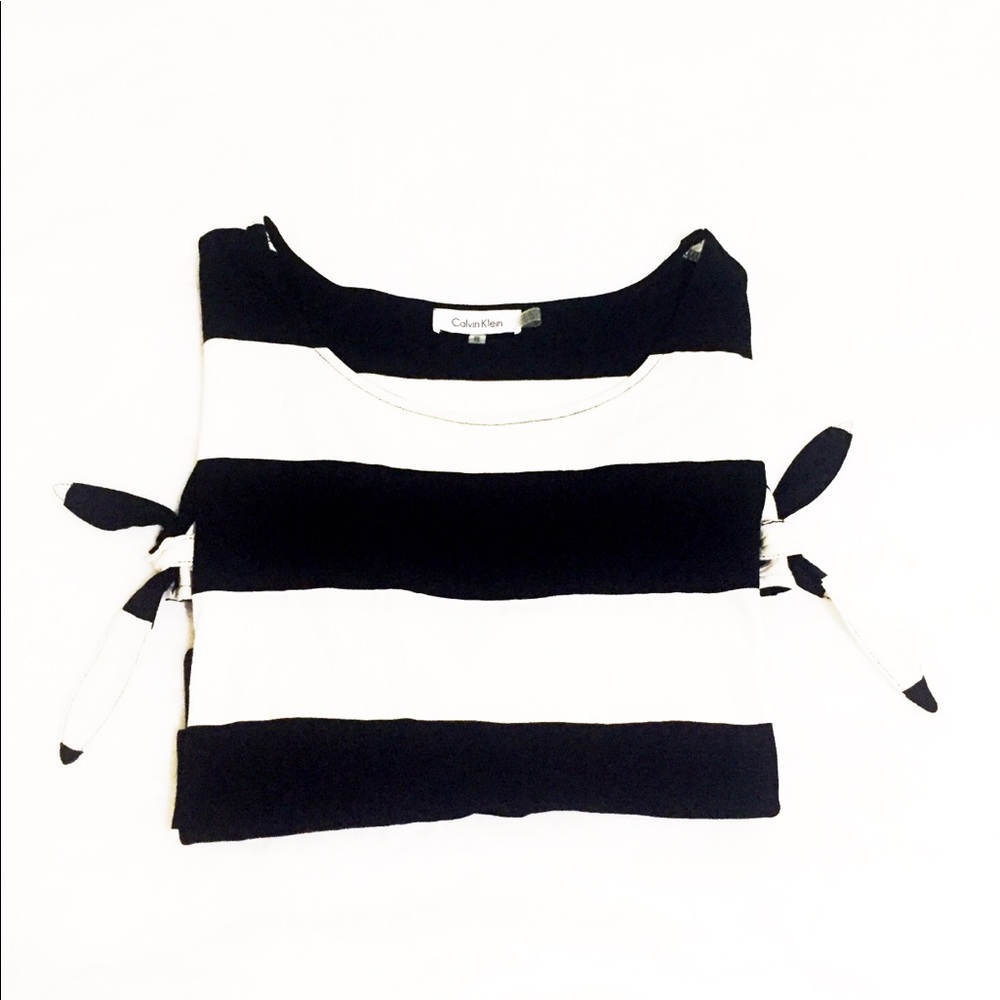 CK Black/White Striped Short Sleeve Split Tie Top